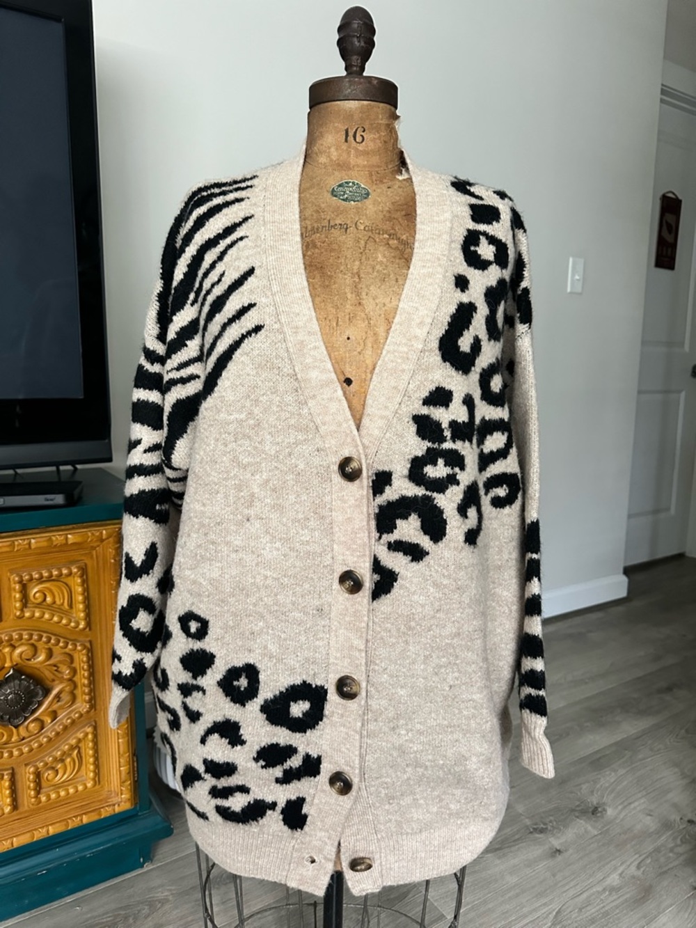 Beige and Black Animal-Print Button-Front Cardigan